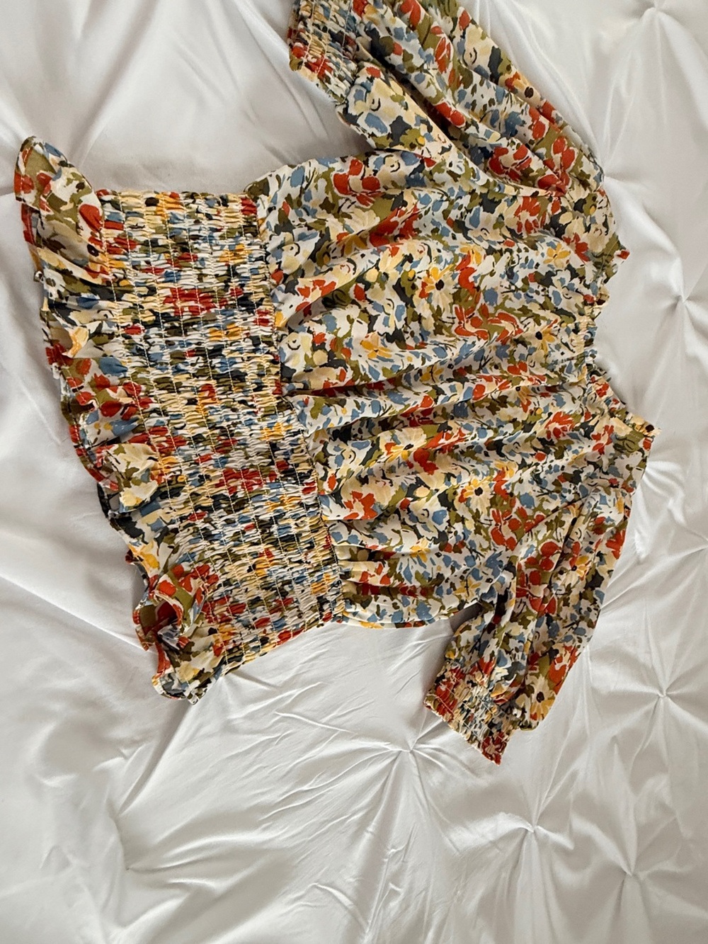 Sienna Sky Floral Smocked Waist Blouse in Cream, Rust, Blue, Yellow